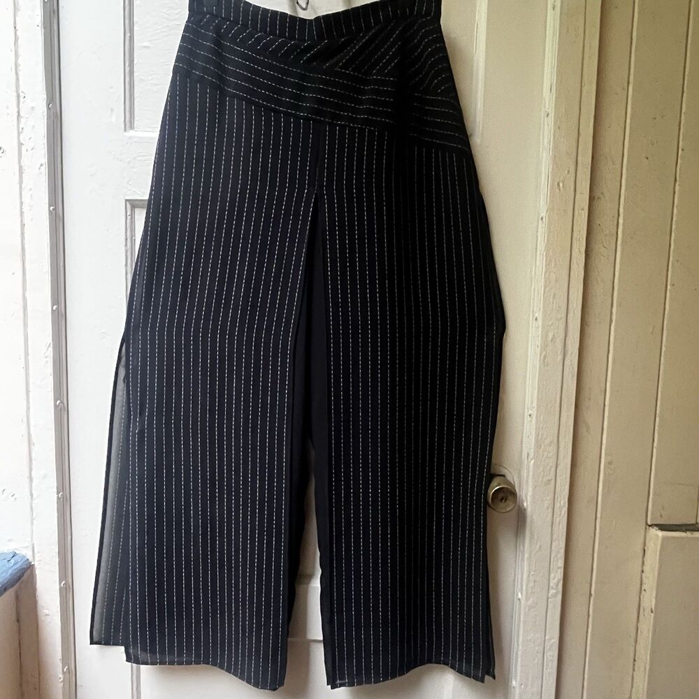 90s Y2K Black Pinstripe Wide Leg Pants Sz 12 Formal Chiffon Regal Sophisticated